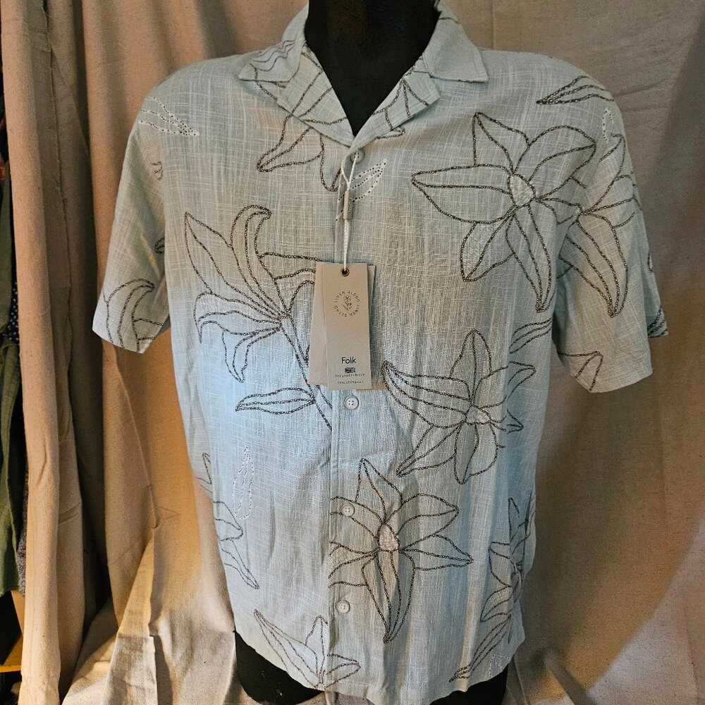 Men's Linen Blend Folk Clothing Brand Hawaiian Style Camp Shirt Size Medium NEW